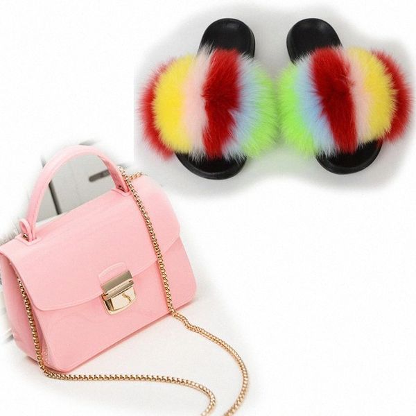 

womens fluffy fur shoes bags sets woman colorful jelly bag cute furry slippers candy crossbody purse ladies plush slides 45 79pr#, Black