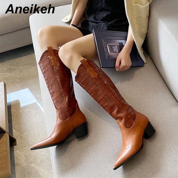 

boots aneikeh winter fashion pu plaid pointed toe knee-high 2021 women's shoes riding square heels sewing ethnic party solid, Black