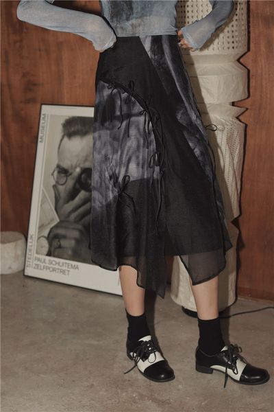 

skirts Msxu fashion ragged print mesh-knit high-waisted shredded ribbons the female skirt line, Black