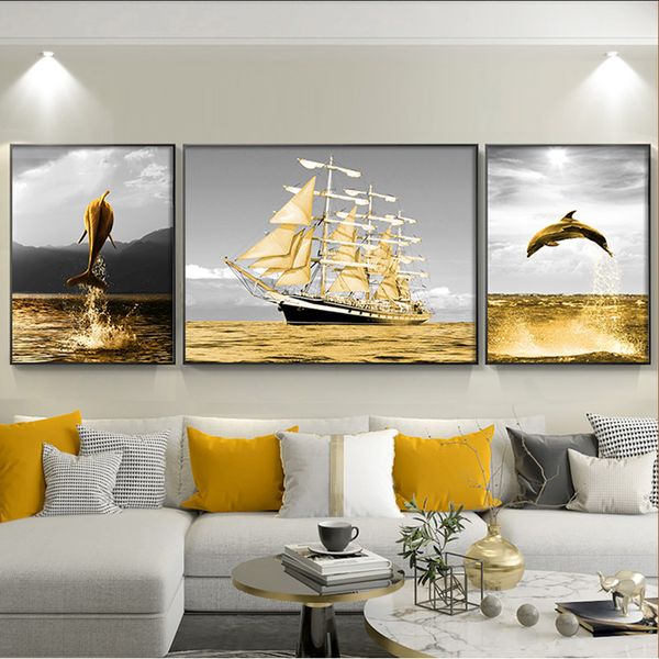 Pintura de lona Fotos de baleia de barco de ouro para posters de paisagem em casa e impressões de arte de parede para sala de estar Decoração sem moldura