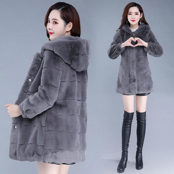 

women's fur & faux winter hooded loose thick short mink velvet jacket oqdh, Black