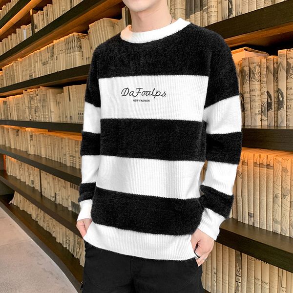 

sweater knit men's casual t shirt thickened warm round neck pullover ted backing fashion, White;black