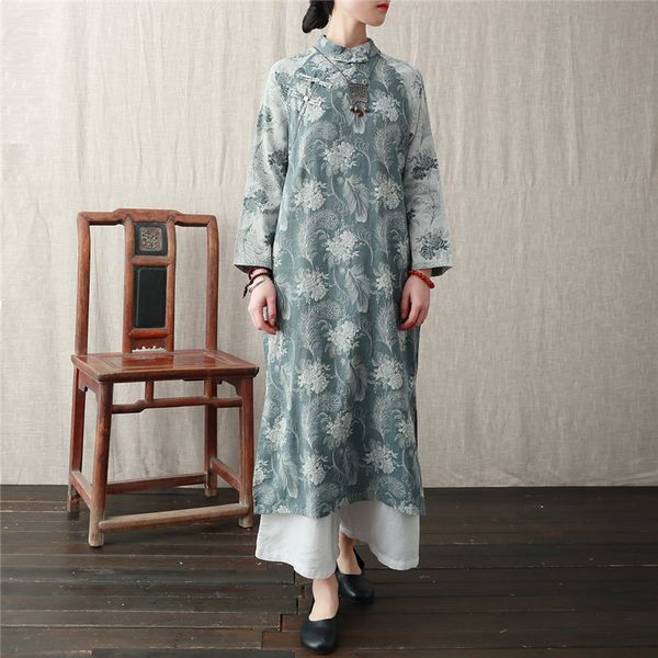 

johnature women vintage dresses stand long sleeve print floral robes cotton linen spring cheongsam chinese style dress 210521, Black;gray