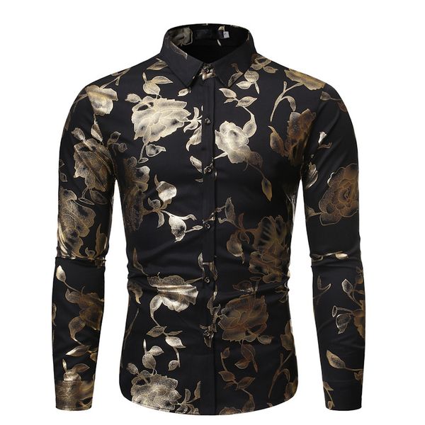 

floral bronzing men shirts long sleeve casual print shirt for men night club wedding dress shirt slim chemise homme oversized 210524, White;black