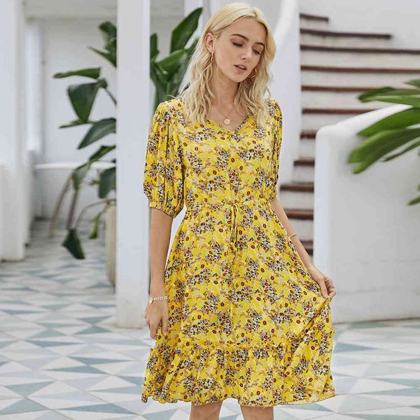 

jumpsuit summer causal floral print women knee length v neck half sleeve slim ladies swing ruffles yellow elegant, Black;white