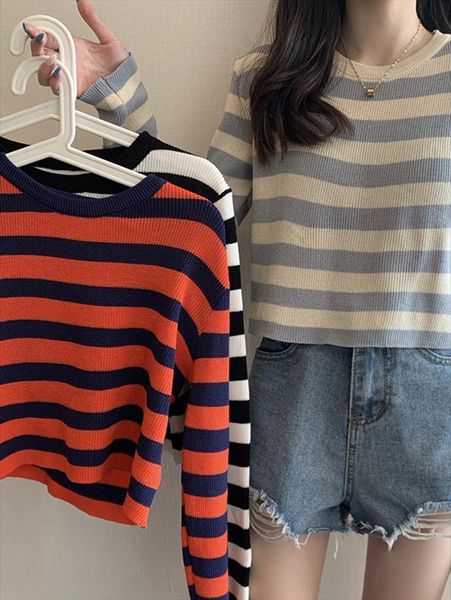 

spring autumn striped womens sweater long sleeve knitted pullovers tees women o neck fashionable short, White;black