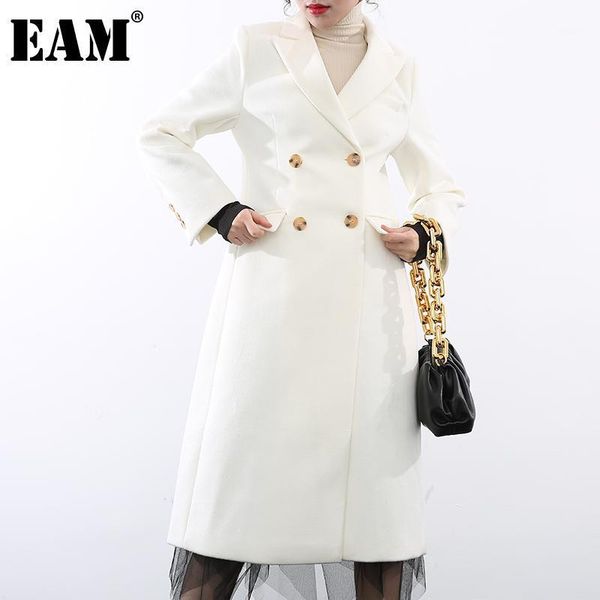

women's wool & blends [eam] loose white double breasted big size woolen coat parkas lapel long sleeve women fashion autumn winter 2021, Black