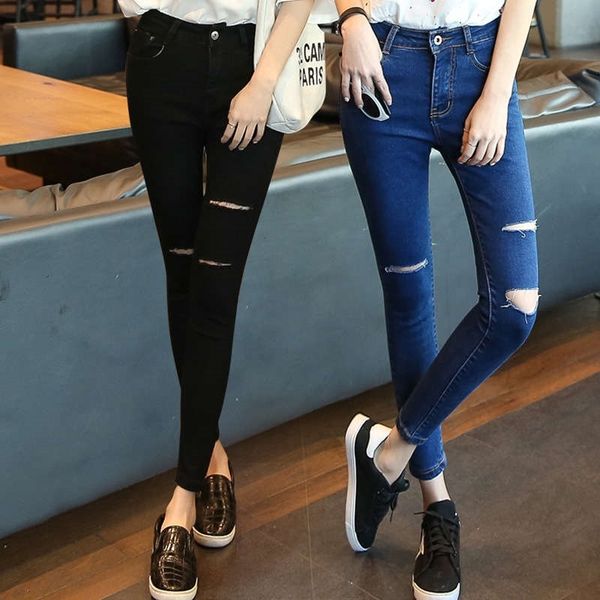 

women's jeans korean version of broken hole slim feet capris high waist elastic pencil pants fashion k05x, Blue