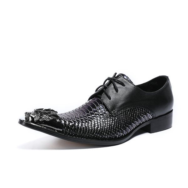 

classic business men dress shoes iron toe elegant formal wedding snake skin men lace up office oxford shoes zapatos hombre, Black