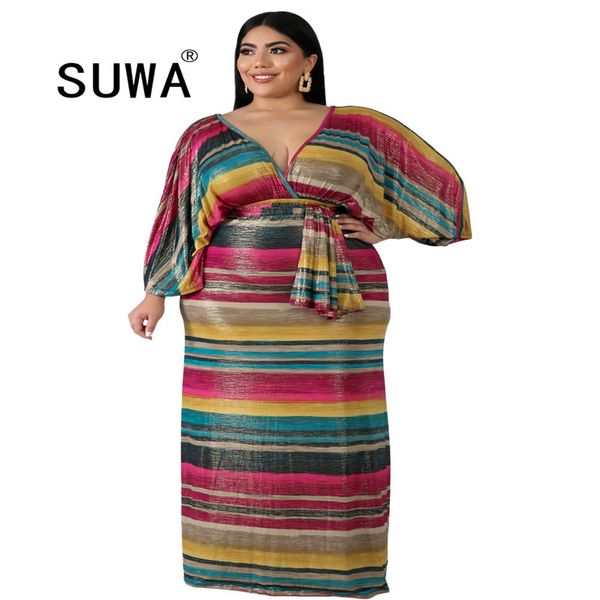 Outono Plus Size XL-6XL Mulheres Arco-Íris Listrado Impressão V-Pescoço Batwing Manga Longa Bodycon Maxi Vestido Vestidos Elegante 210525