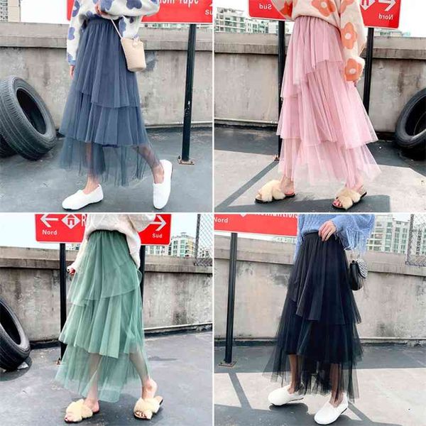 

spring korean cake mesh skirt elastic high waist slim simple casual wild sweet women a-line long 210527, Black