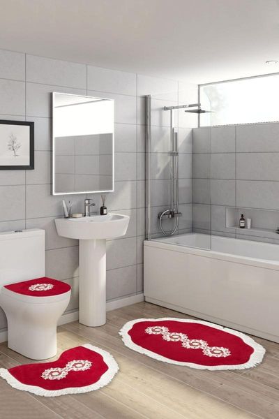

queen shaped embroidered 3 pieces red queensn bath mats