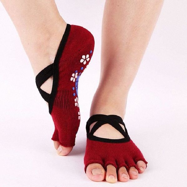 

female toe socks backless cross non-slip soft ballet sweet style breathable swear profession dance yoga sock 5 fingers for women q4pu#, Black