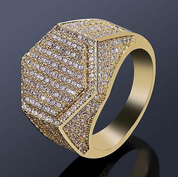 

mens 18k gold plated geometric hexagon iced out pave cz bling ring full simulated diamonds stones gold silver rings with gift box, Golden;silver