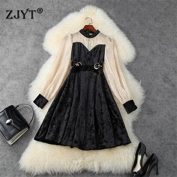 

elegant patchwork dress autumn fashion designers womens clothing long sleeve dot print vintage black velour casual dresses, Black;gray