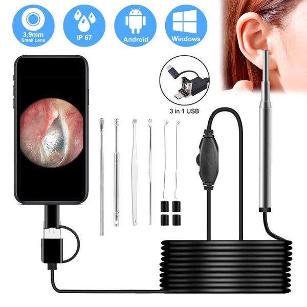 

cameras 3.9mm 3 in 1 usb ear cleaning endoscope digital otoscope 720p mini scope camera for type c android phone pc windows