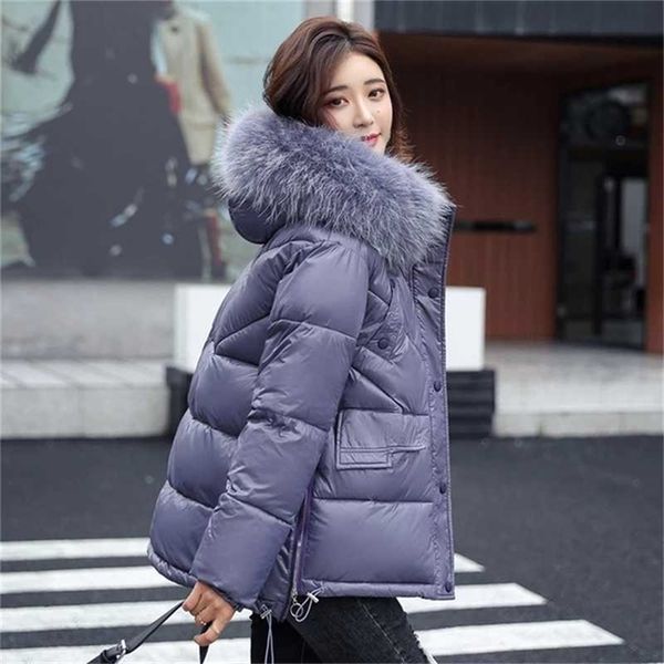 

ladies fashion solid short winter jacket women hooded parka warm casual big fur outerwear coat female clothes 210927, Black