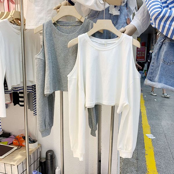 

women's sweaters hoodies long sleeve t-shirt autumn dress korean ins fashion solid color hollow out off the shoulder show thin ircm, White;black