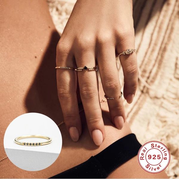 

black diamond rings for women girls 925 silver ring 2021 trend anillos mujer fine jewelry paired minimalist #7.5 cluster, Golden;silver