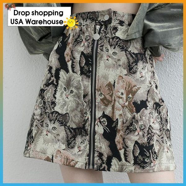 

skirts women a-line skirt jacquard embroidery cat print spring and summer female sweet fresh bag hip high waist cool1, Black