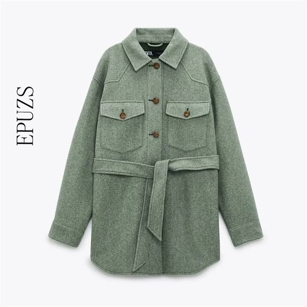 

za women winter jacket with belt loose woolen jacket vintage long sleeve coat female green thick overcoat 210914, Black;brown