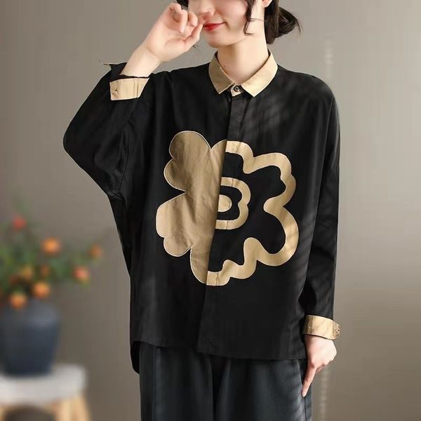

women's blouses & shirts 2021 spring women loose casual turn-down collar embroidery blouse long sleeve single breasted print cot, White
