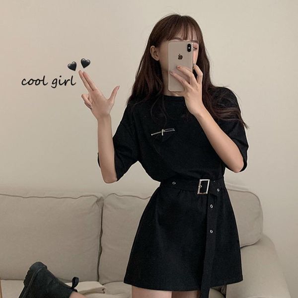 

women's t-shirt short sleeve t-shirts clothing summer o-neck causal loose tees korean solid sashes long ladies hipster ins 2021, White