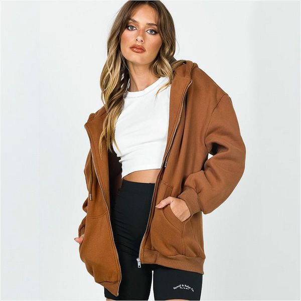 

women's jackets women loose jacket coat 2021 autumn solid color long sleeve zipper hooded with pockets casual outerwear female, Black;brown