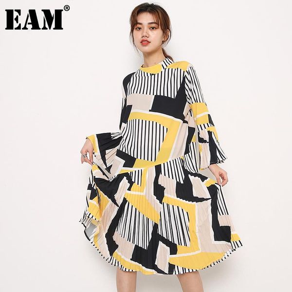 

[eam] women yellow pattern printed dress stand collar flare sleeve loose fit fashion tide spring autumn 2021 jo58507 casual dresses, Black;gray
