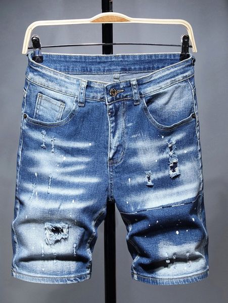 

men splatter paint ripped frayed cat scratch wash denim shorts l6fd#, Blue