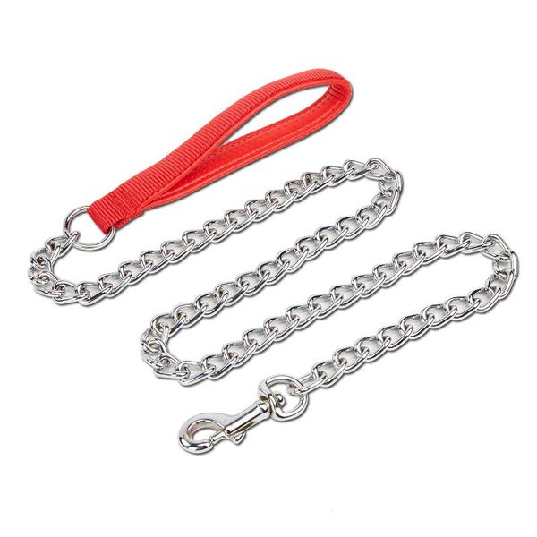 

dog collars & leashes 1.2m chain lead for small medium large leash handle leads pu leather iron anti-bite metal