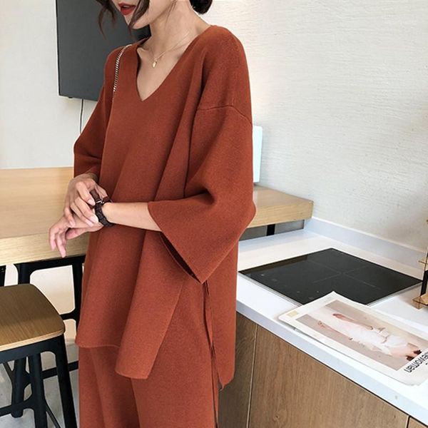 

women's two piece pants ladies suit autumn style knitting fashion female temperament v-neck sweater wide leg casual set, White