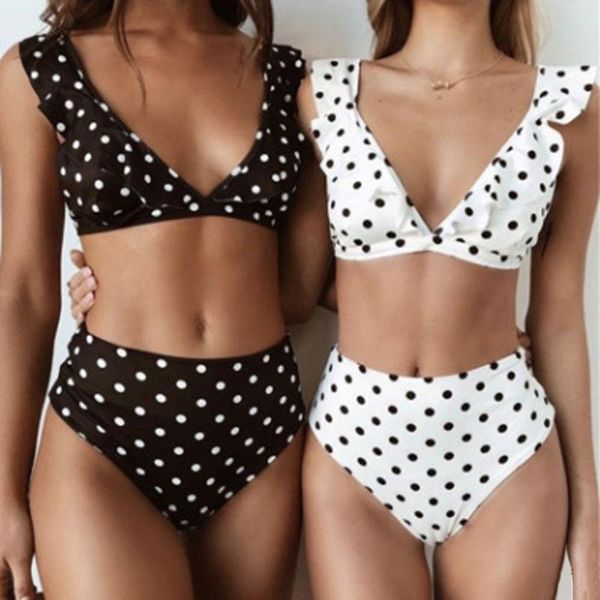 

one-piece suits swimwear women flounce bikini female split style high waist black white dots two pieces set swimsuit bathing suit /40