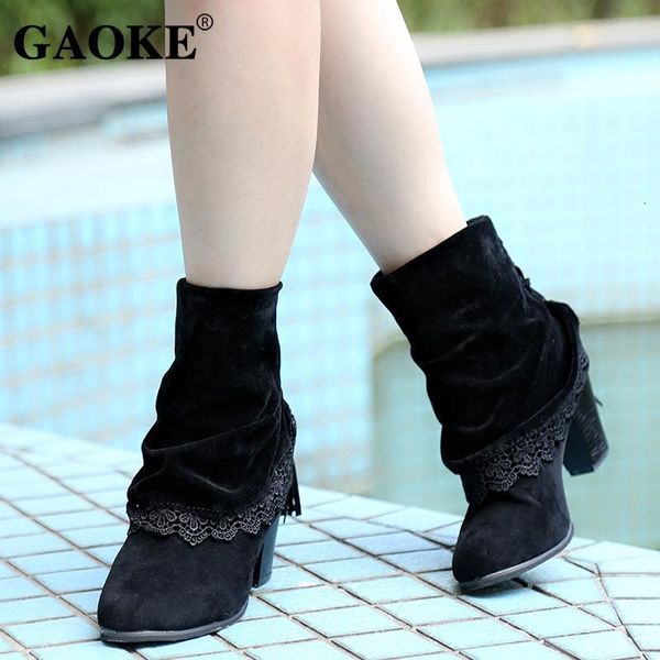 

spring platform woman high heel rubber boots lace tassle shoes autumn winter female footwear kvp3, Black