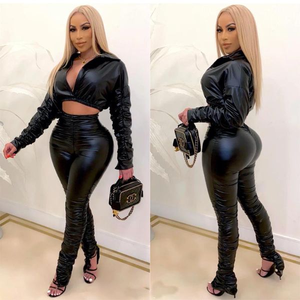 

women's two piece pants mudan 2021 autumn european and american fashion v-neck pu leather folds 2-piece ladies suit, White
