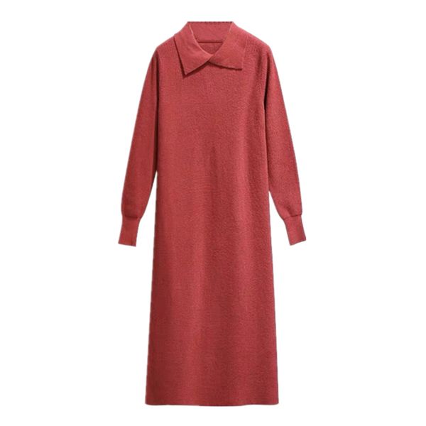 

woman elegant black red turn down collar long sleeve knee length straight solid autumn knitted dress d1512 210514, Black;gray