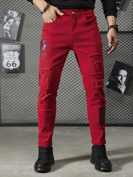 

men letter graphic ripped frayed jeans w0p3#, Blue