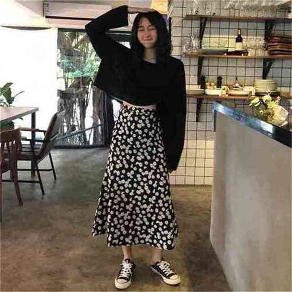 

flower pattern casual fresh loose basic simple college wind summer chiffon female women arrival a-line skirts 210702, Black