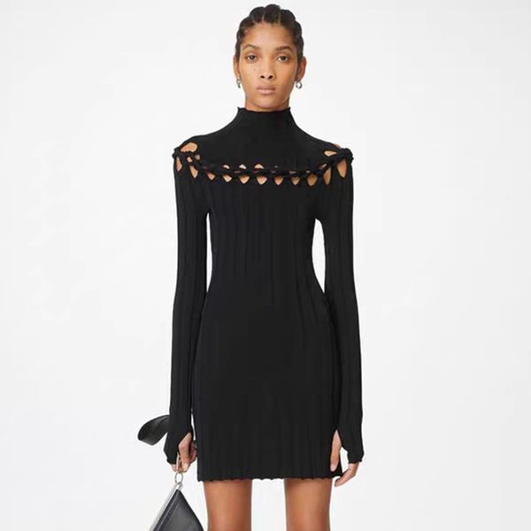 

dresses women turtleneck bodycon knitted sweater autumn winter cutout long sleeve white/black mini jumper sheath, Black;gray
