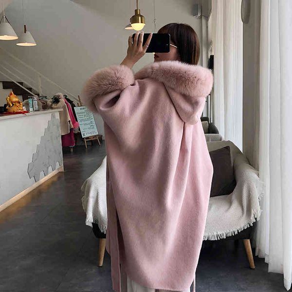 

women's trench coats korean style female double woolen jacket with garnish charming hood winter-proof woman 2021, Tan;black