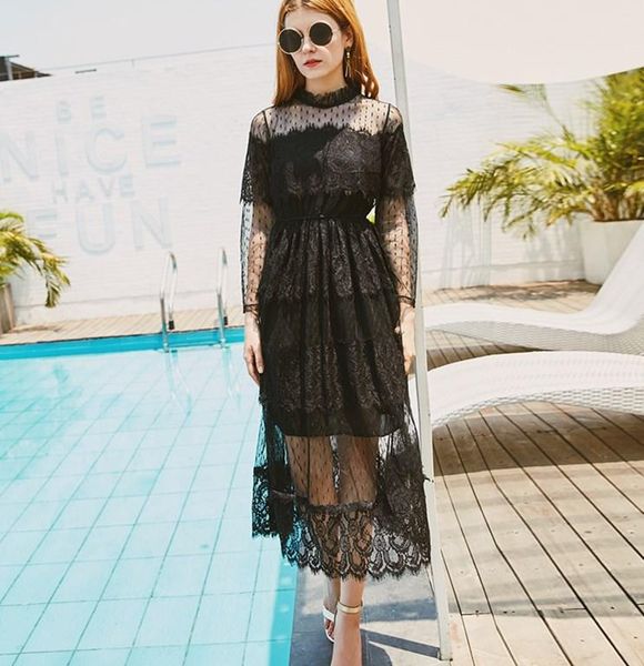 

casual dresses korean vintage mesh lace 2021 spring dress for women retro crochet elegant luxury long bandage party hj83, Black;gray