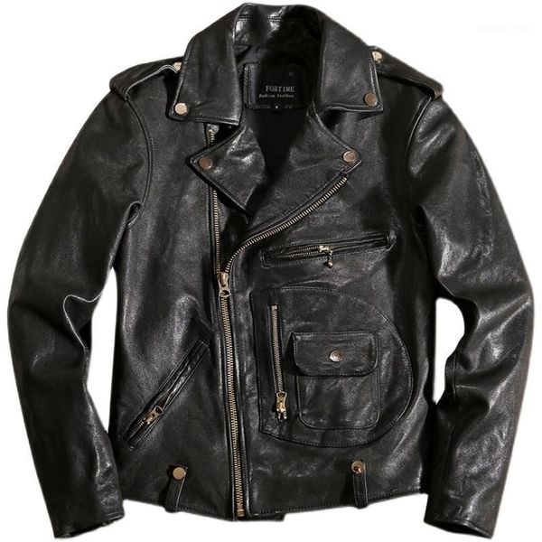

men's leather & faux 2021 black j24 motorcycle style genuine jacket men plus size 5xl real natural sheepskin autumn slim fit short bike