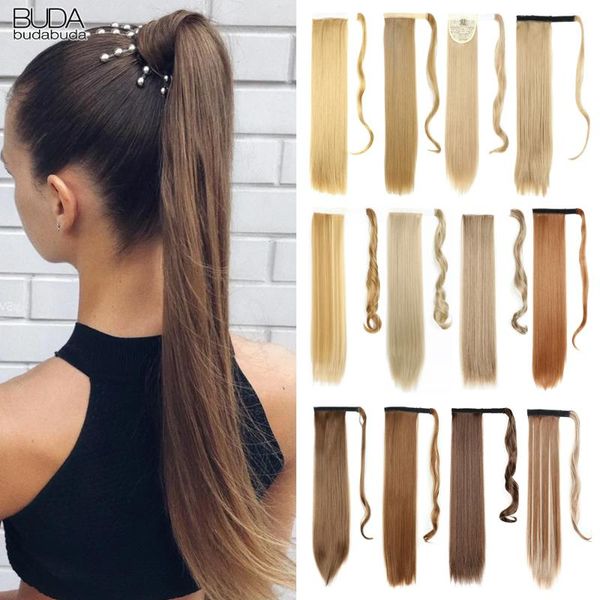 

synthetic wigs 22inches long straight clip in ponytail hair wrap around fake pony tail for white women blonde, Black