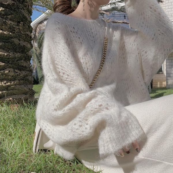 

white chic mohair pullover sweater autumn 2021 long sleeve hollow out o-neck casual pullovers women jumper sweet women's sweaters, White;black