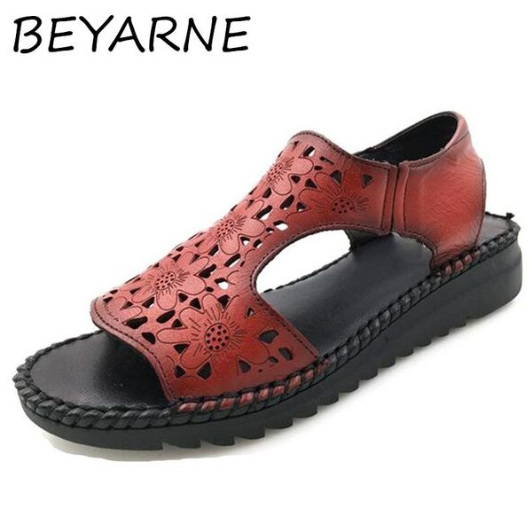 

women sandals handmade genuine leather hole shoes casual flat summer e081, Black
