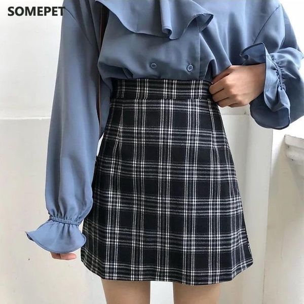 

skirts women retro plaid summer mini skirt a-line ulzzang high waist female arrival fashion girls stylish slim s-2xl, Black