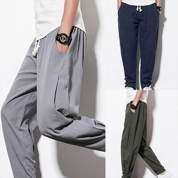 

casual drawstring pockets ankle tie women pants cotton linen plus size loose harem, Black