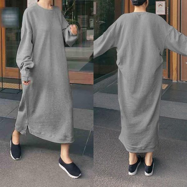 

fashion long sleeve sweatshirts dress women solid casual mid-calf vestidos female robe pullovers plus size dresses, Black;gray