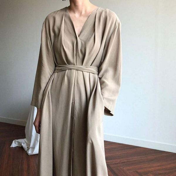 

casual dresses oversized women vintage spring autumn chiffon long shirt dress v-neck sashes full sleeve maxi brief solid color, Black;gray
