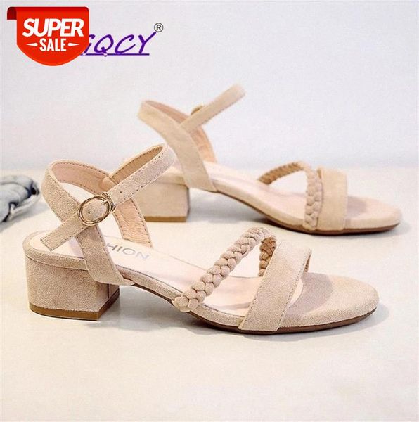

suede high heels sandals women 2019 summer shoes fashion buckle strap square heel open toe party female #nd35, Black
